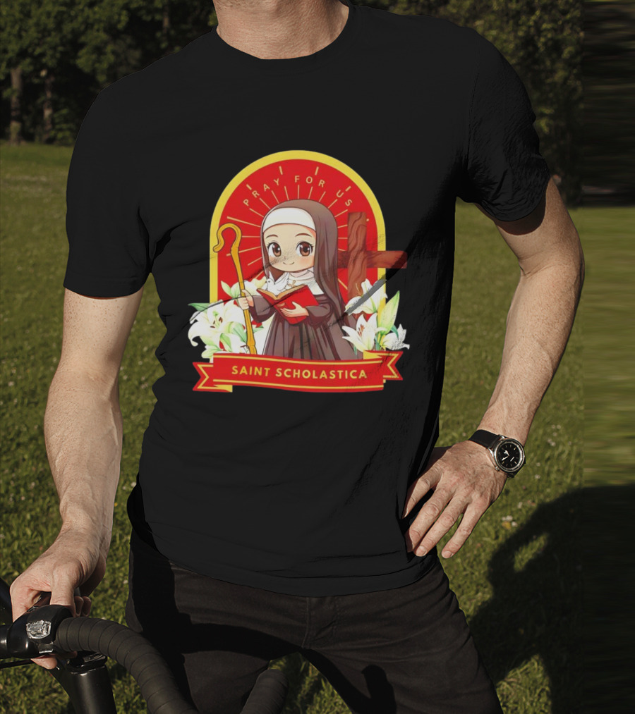 Saint Scholastica Pray For Us Cartoon Cute Nun Illustration With Cross And Flowers T-Shirt
