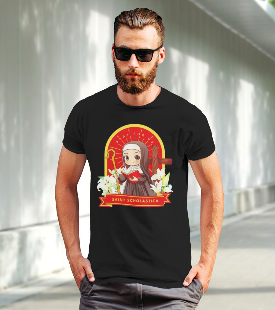 Saint Scholastica Pray For Us Cartoon Cute Nun Illustration With Cross And Flowers T-Shirt