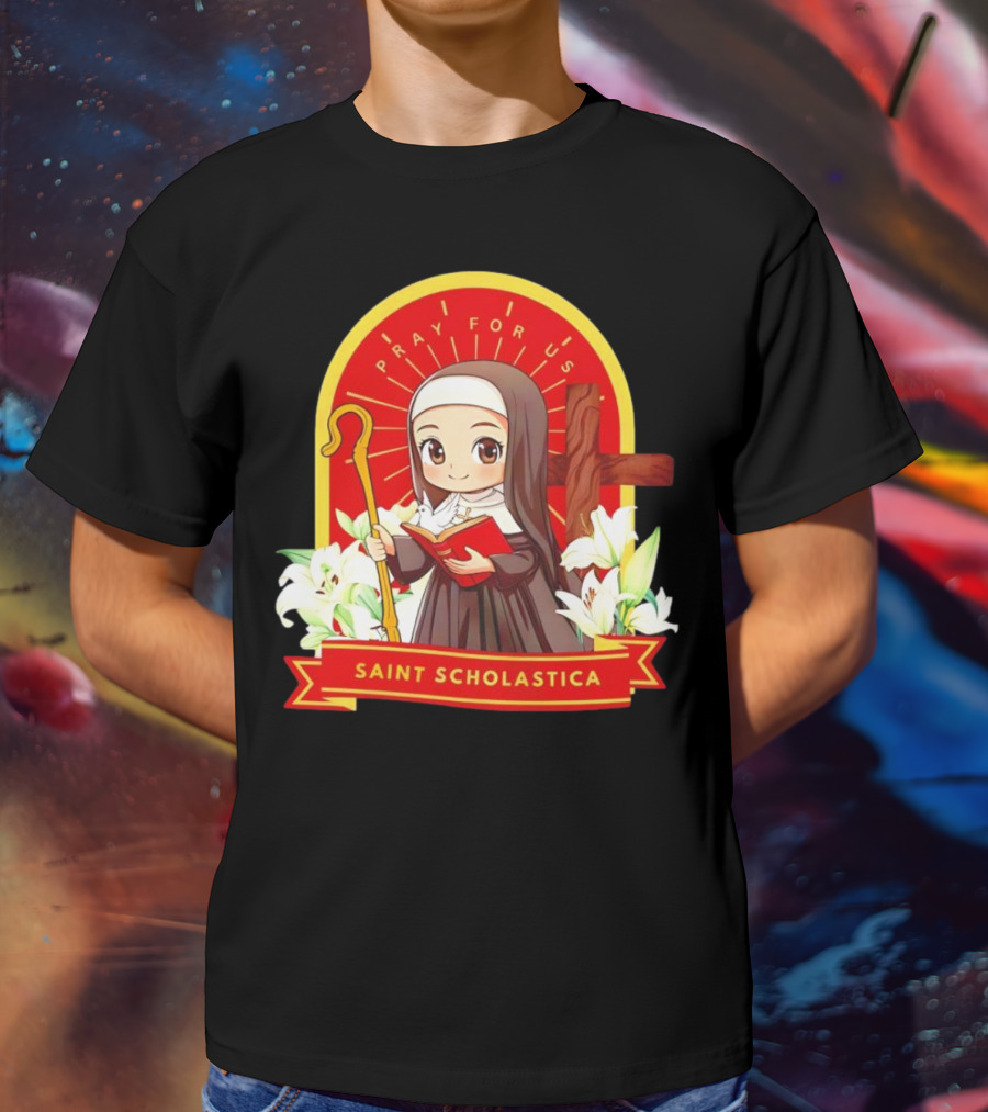 Saint Scholastica Pray For Us Cartoon Cute Nun Illustration With Cross And Flowers T-Shirt