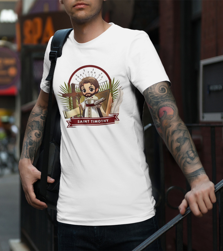 Saint Timothy Pray For Us Cartoon With Cross And Feather Motif T-Shirt