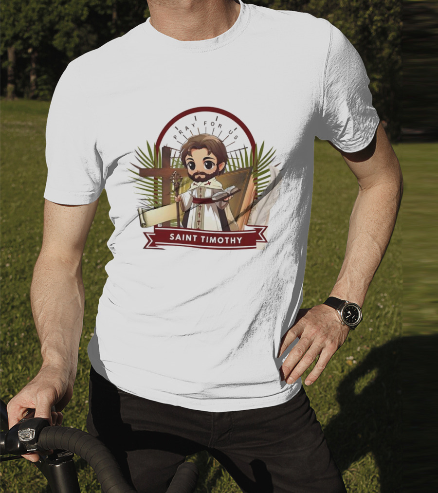 Saint Timothy Pray For Us Cartoon With Cross And Feather Motif T-Shirt