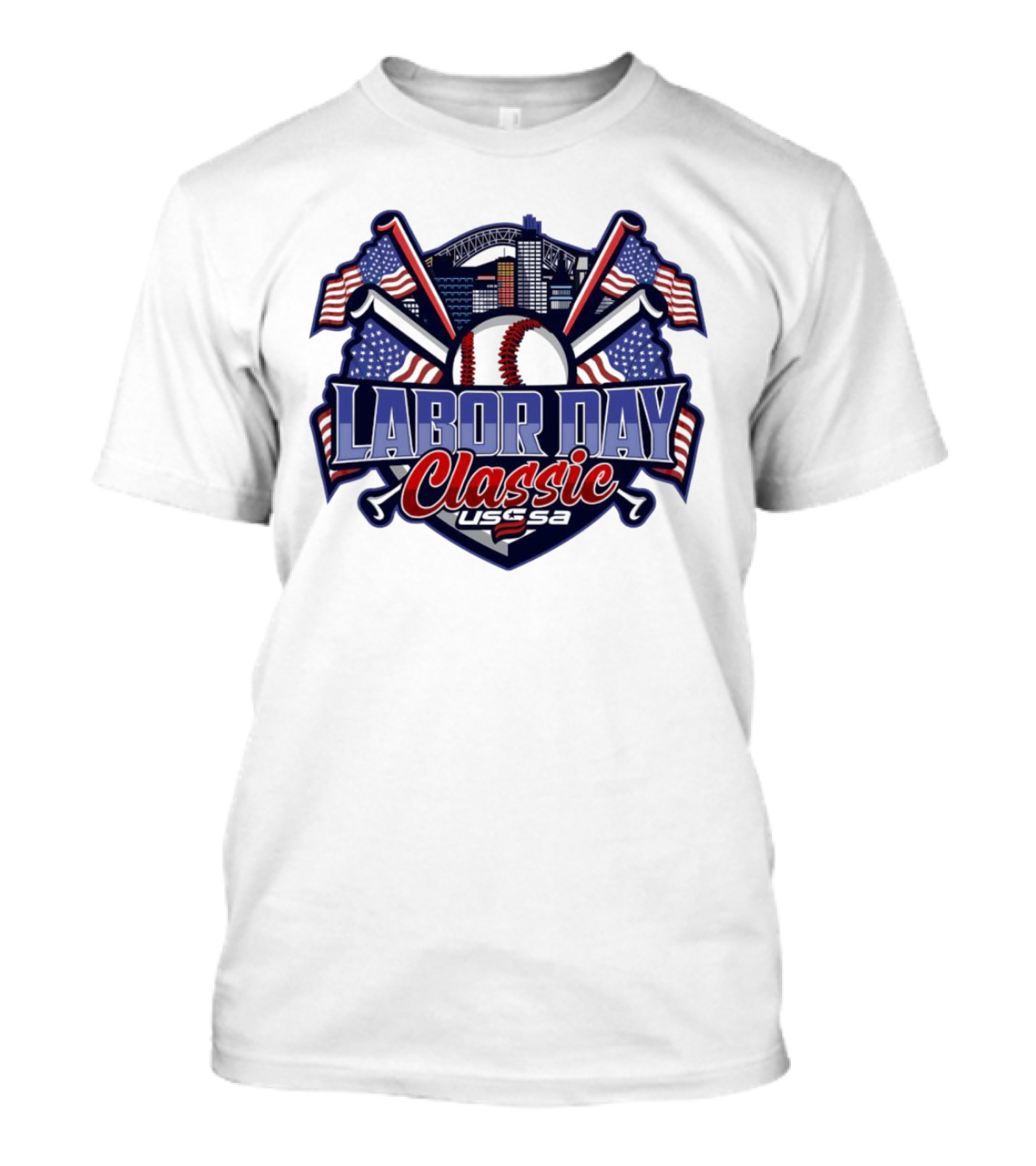 Labor Day Classic USSSA Baseball Crossed Bats And American Flag Themed Shield Logo T-Shirt