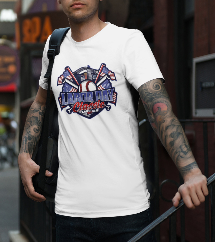 Labor Day Classic USSSA Baseball Crossed Bats And American Flag Themed Shield Logo T-Shirt