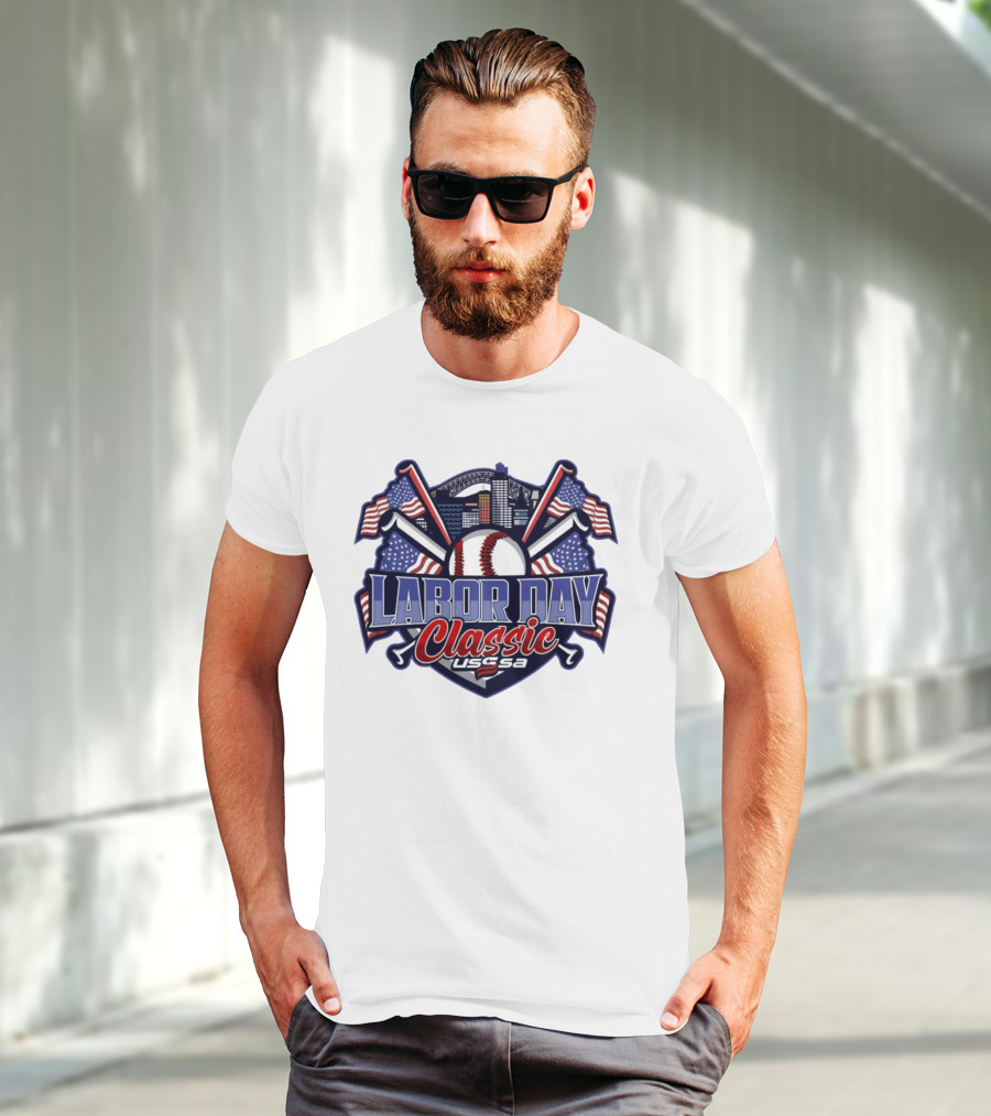 Labor Day Classic USSSA Baseball Crossed Bats And American Flag Themed Shield Logo T-Shirt