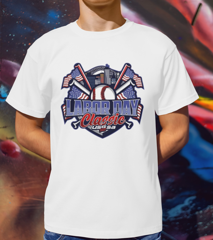 Labor Day Classic USSSA Baseball Crossed Bats And American Flag Themed Shield Logo T-Shirt