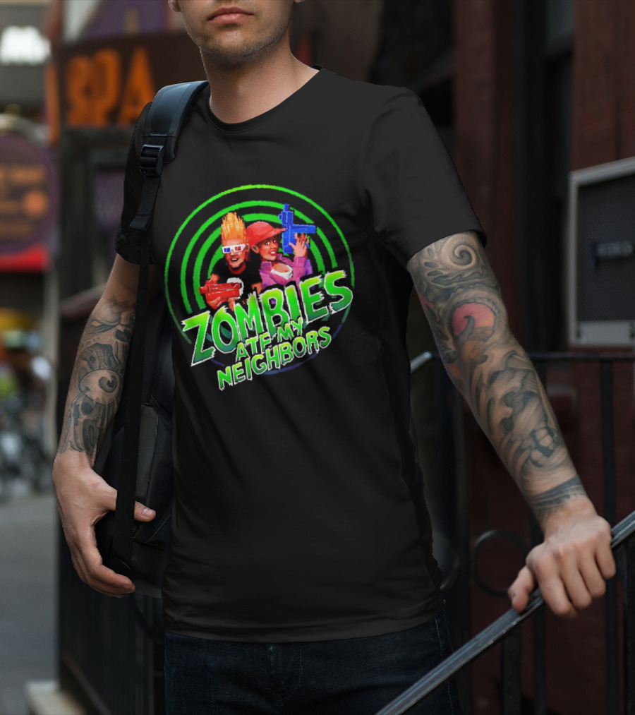 Zombies Ate My Neighbors Zombie Hunters Game Retro Style 90s Arcade Action Kids With Toy Blasters T-Shirt