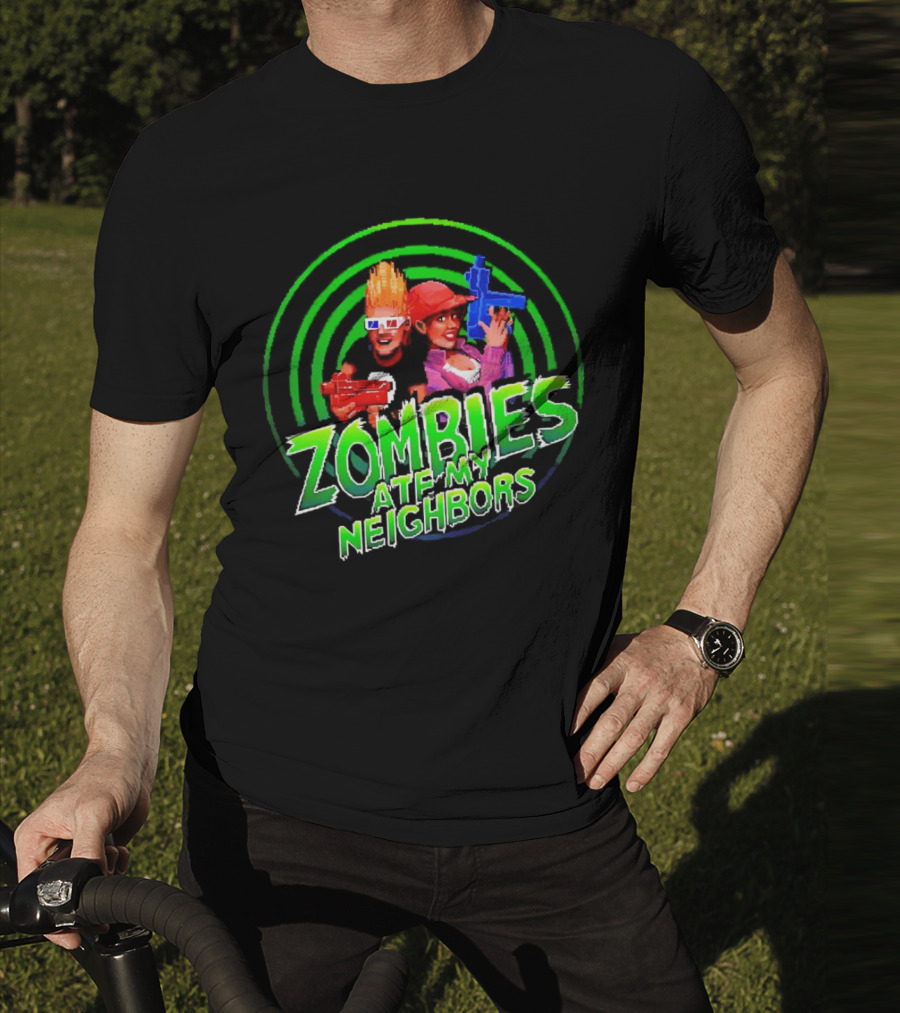 Zombies Ate My Neighbors Zombie Hunters Game Retro Style 90s Arcade Action Kids With Toy Blasters T-Shirt
