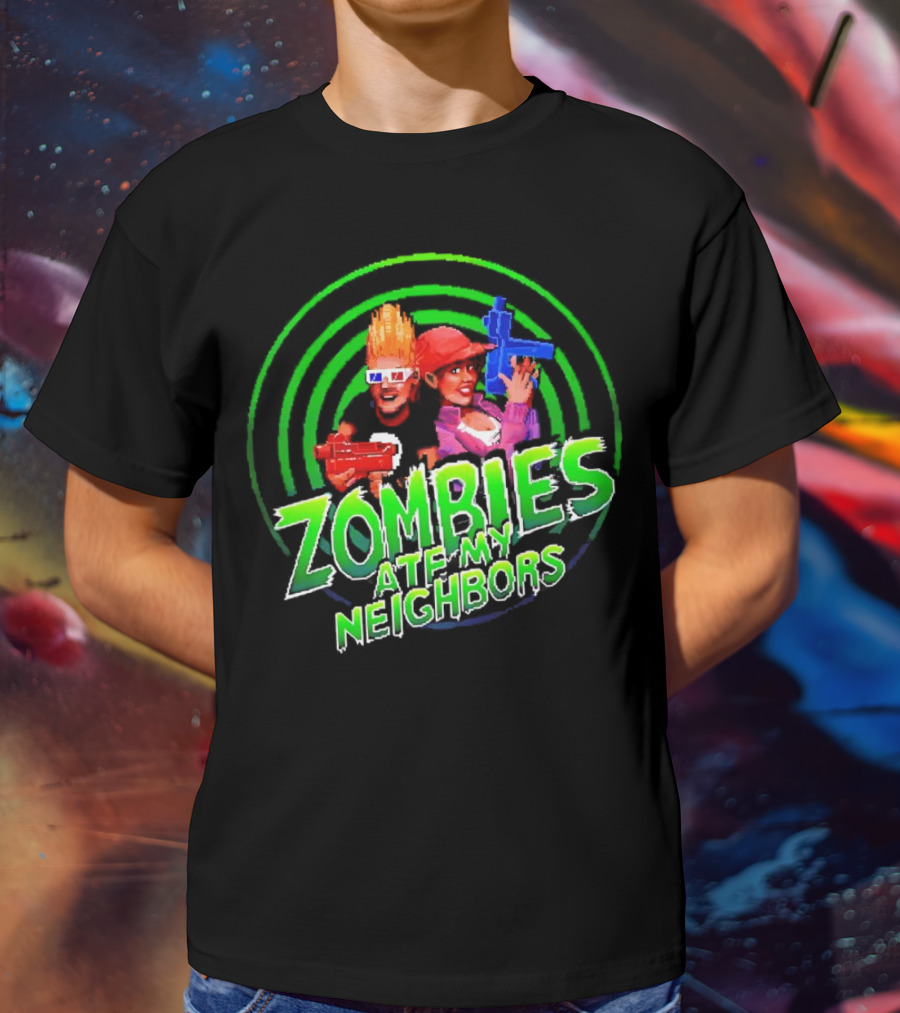 Zombies Ate My Neighbors Zombie Hunters Game Retro Style 90s Arcade Action Kids With Toy Blasters T-Shirt