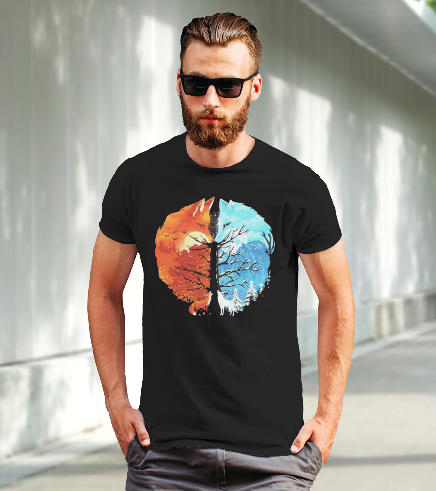 Fire And Ice Fox Dual Seasons Tree T-Shirt