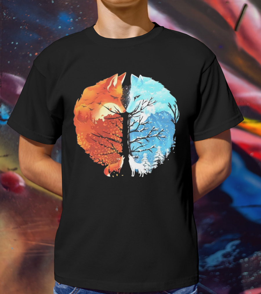Fire And Ice Fox Dual Seasons Tree T-Shirt