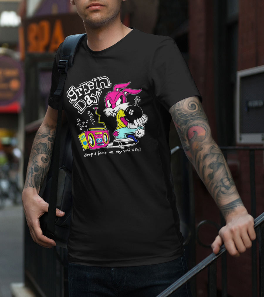 Green Day Drop A Bomb On My Rock ‘N’ Roll Pink Rabbit And Boombox T-Shirt