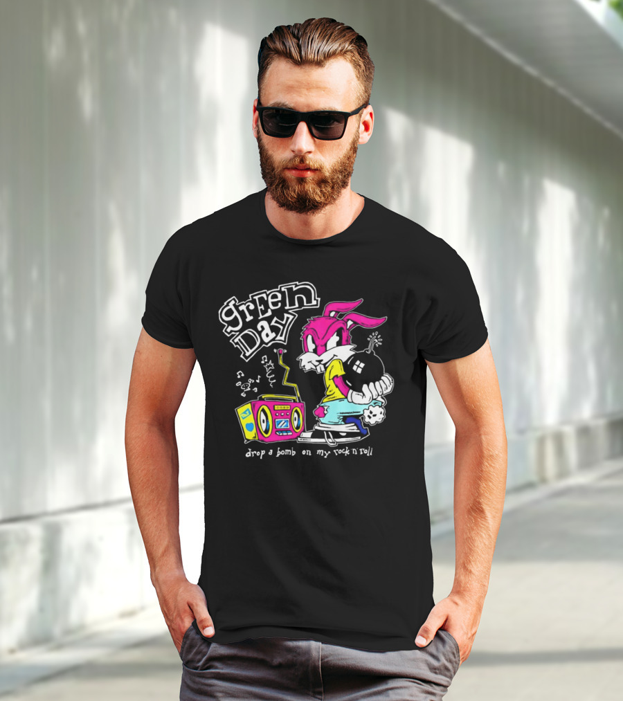 Green Day Drop A Bomb On My Rock ‘N’ Roll Pink Rabbit And Boombox T-Shirt