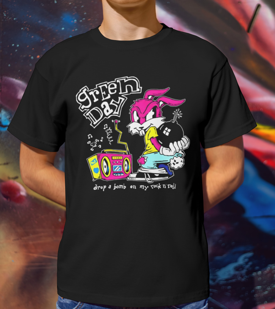 Green Day Drop A Bomb On My Rock ‘N’ Roll Pink Rabbit And Boombox T-Shirt