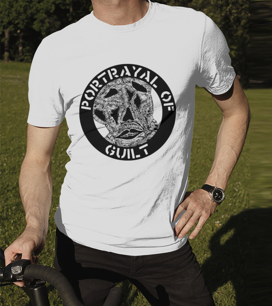 PORTRAYAL OF GUILT Circle Logo With Abstract Face T-Shirt