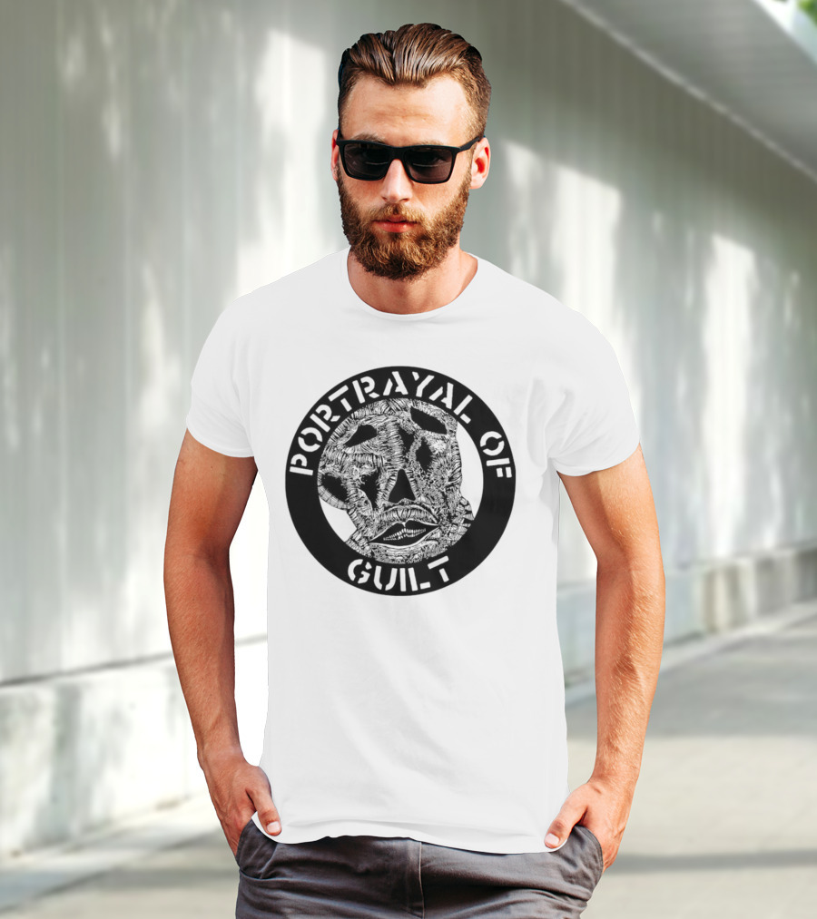 PORTRAYAL OF GUILT Circle Logo With Abstract Face T-Shirt
