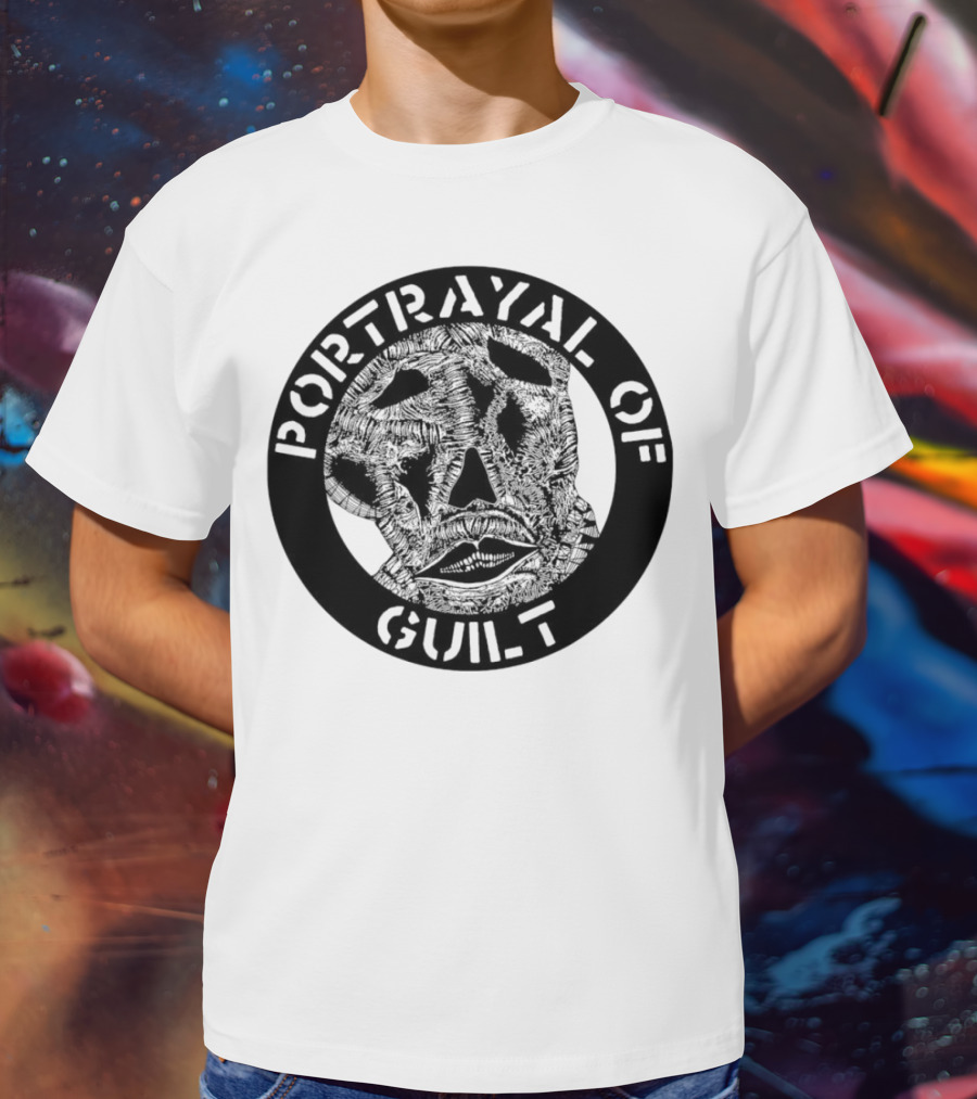 PORTRAYAL OF GUILT Circle Logo With Abstract Face T-Shirt