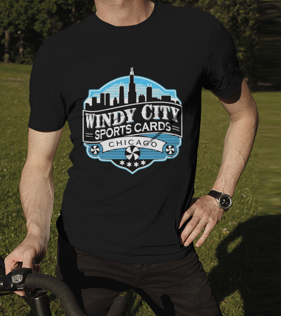 Windy City Sports Cards Chicago Skyline With Stars And Peppermint Swirls T-Shirt