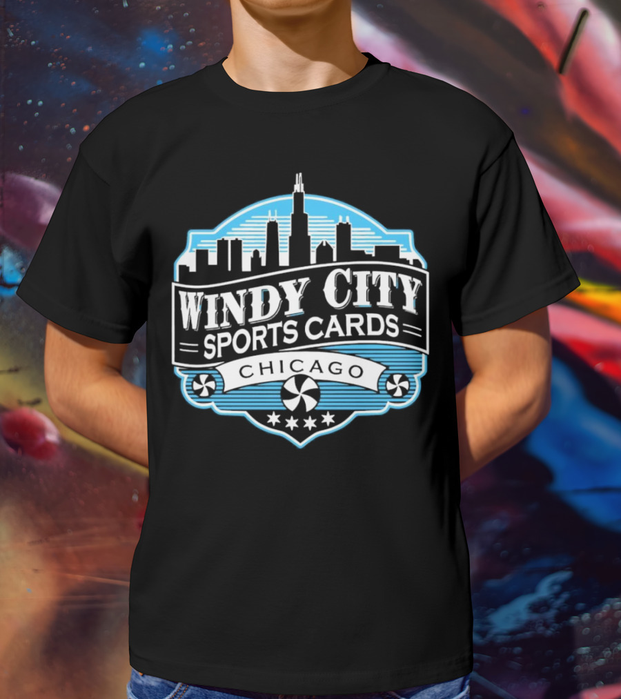 Windy City Sports Cards Chicago Skyline With Stars And Peppermint Swirls T-Shirt