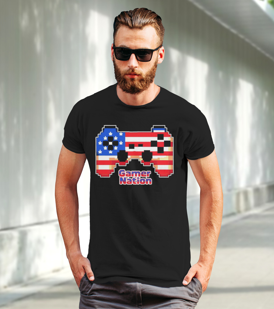 American Flag Pixel Art Gamer Nation Controller T-Shirt