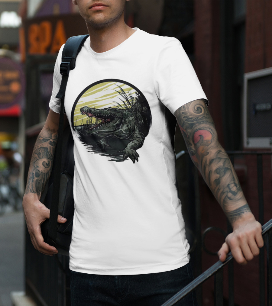 Crocodile Emerging From Water With Yellow Sky And Reeds T-Shirt