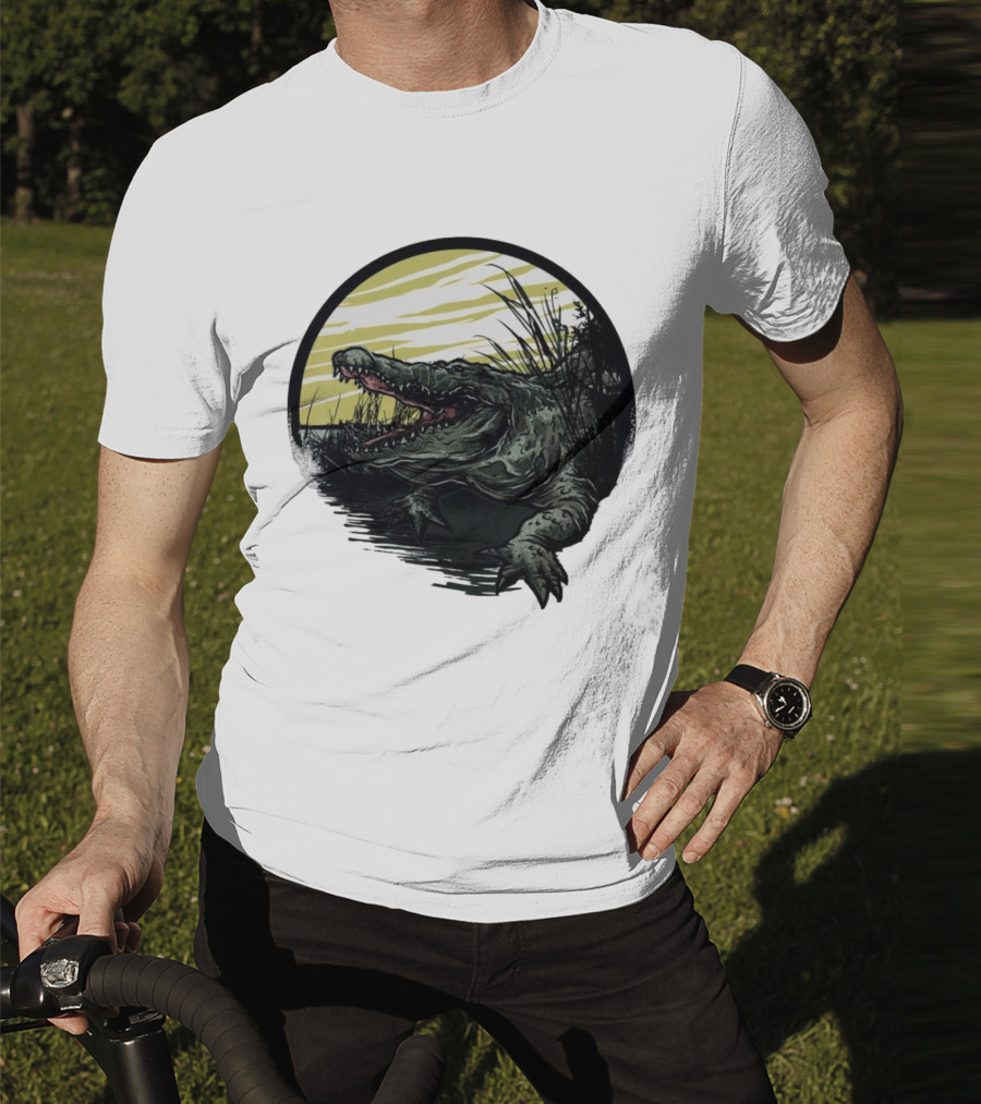 Crocodile Emerging From Water With Yellow Sky And Reeds T-Shirt