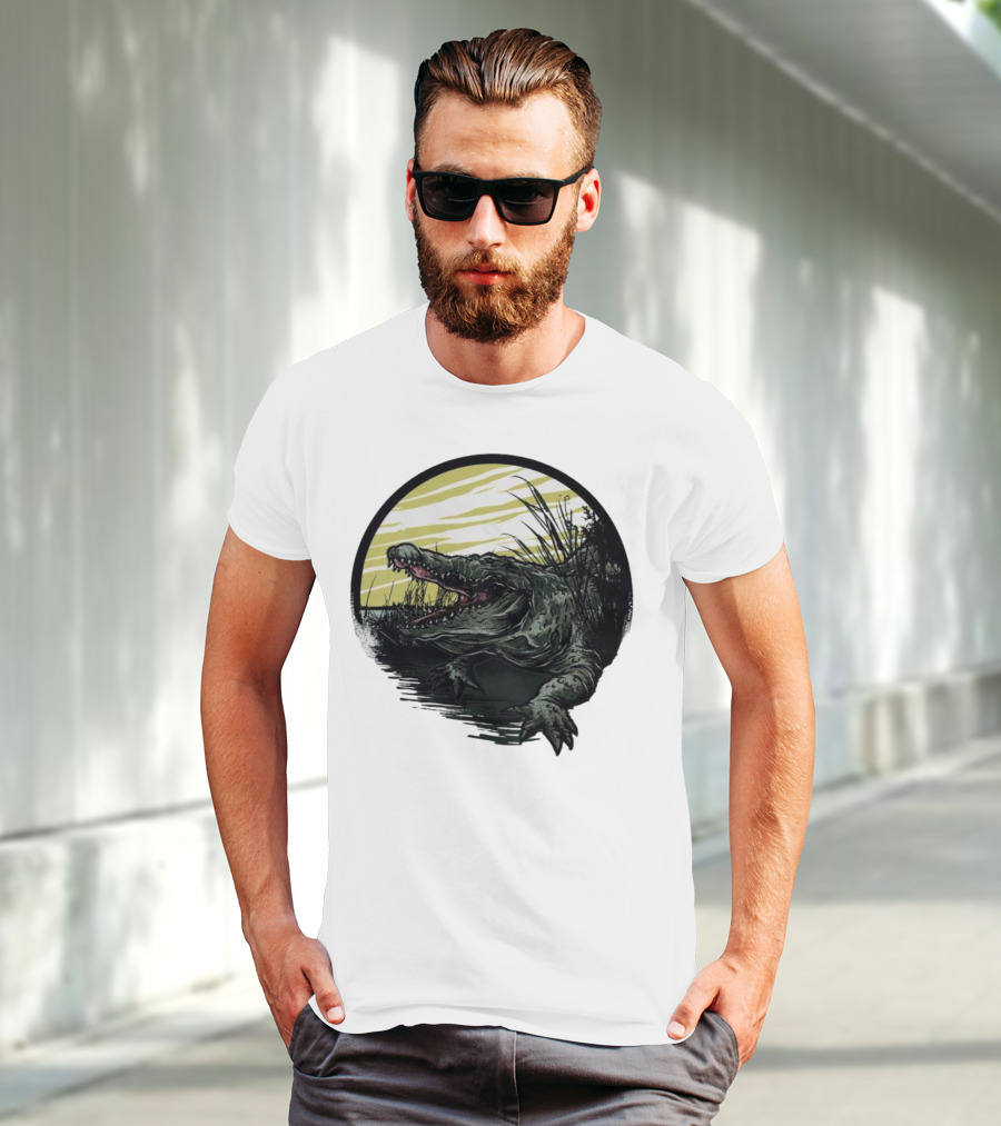 Crocodile Emerging From Water With Yellow Sky And Reeds T-Shirt