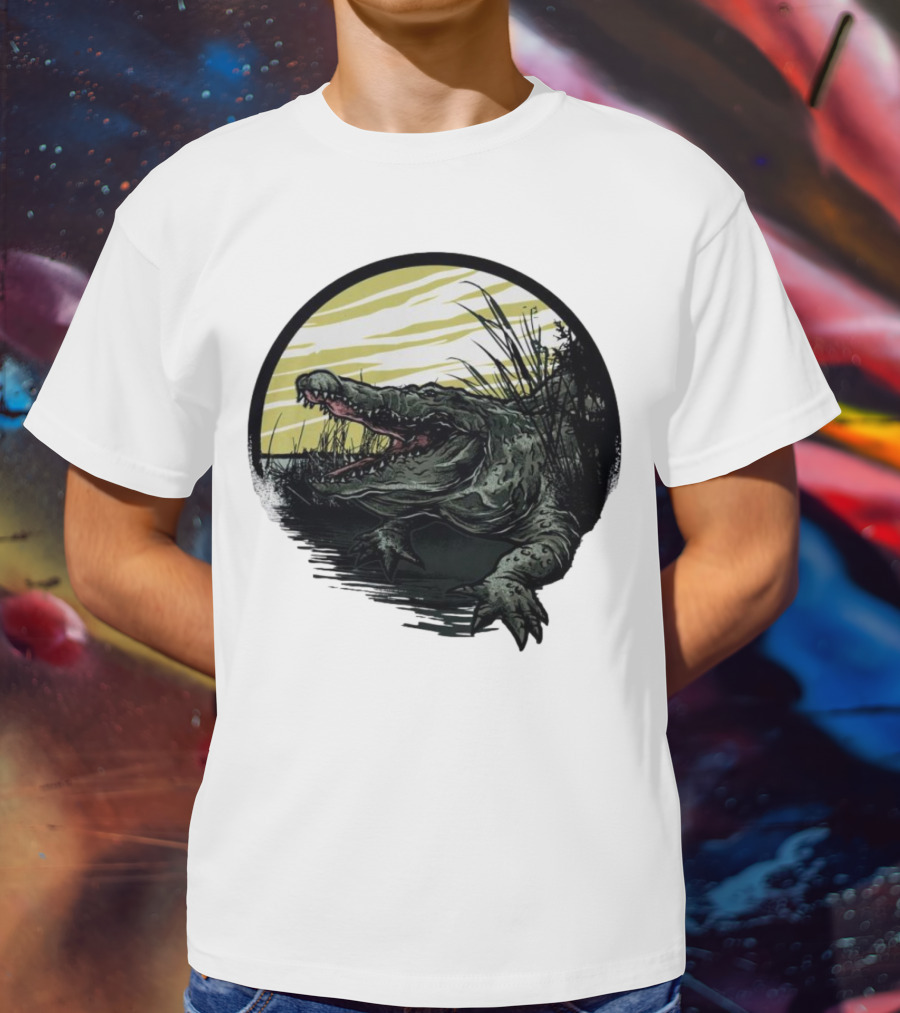 Crocodile Emerging From Water With Yellow Sky And Reeds T-Shirt