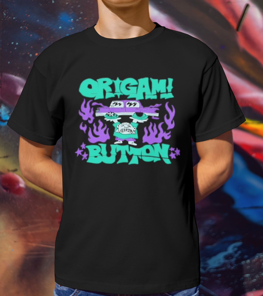 ORIGAMI BUTTON Car Guy Flame T-Shirt