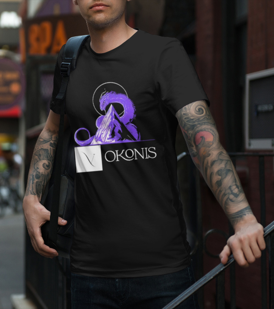 Vokonis Purple Dragon Coiled On Mountain Peak With Crescent Moon T-Shirt