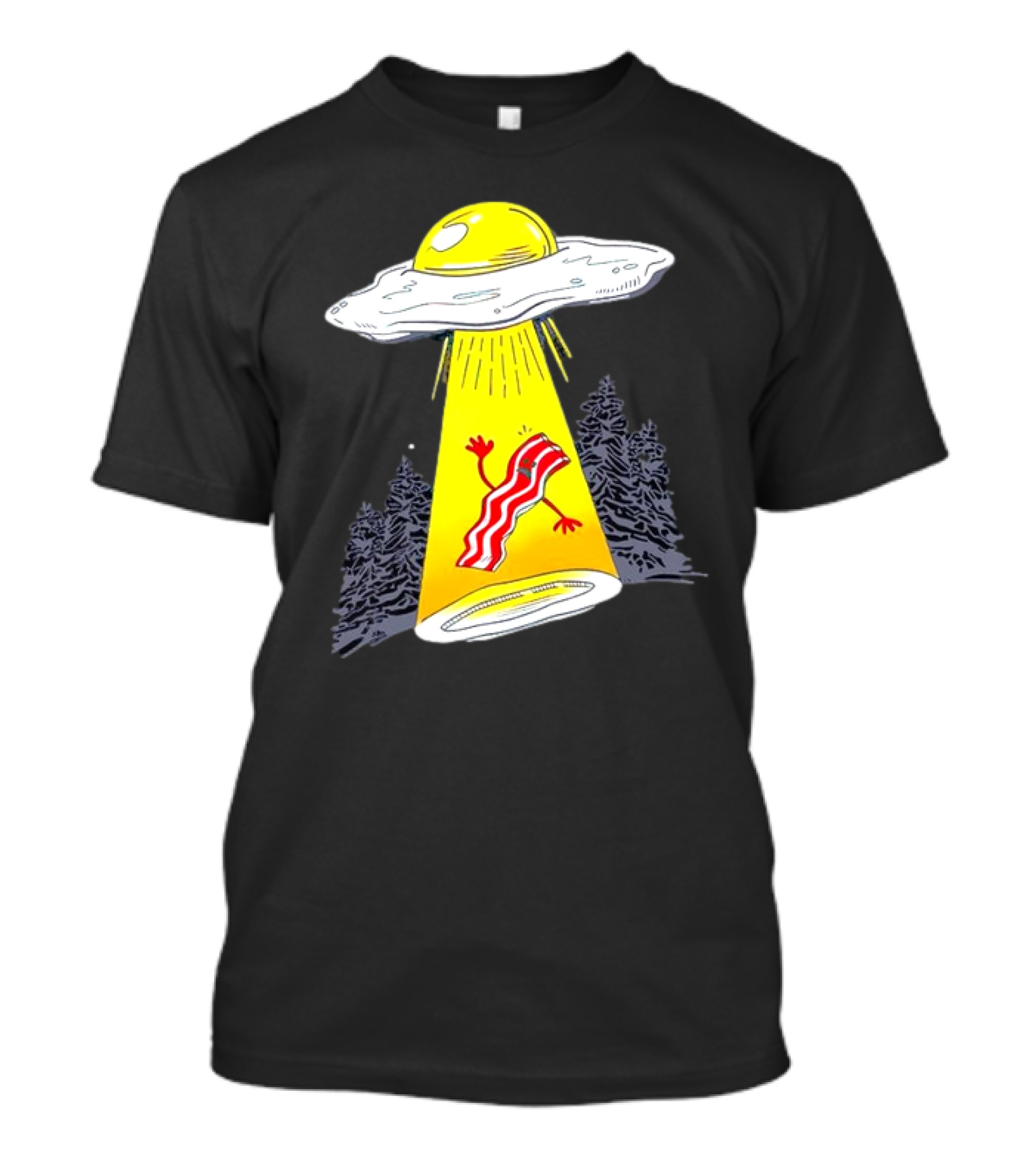 Wonder Nation Alien Breakfast Egg UFO Beaming Up A Walking Bacon Slice In Forest T-Shirt
