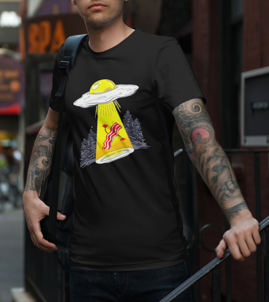 Wonder Nation Alien Breakfast Egg UFO Beaming Up A Walking Bacon Slice In Forest T-Shirt
