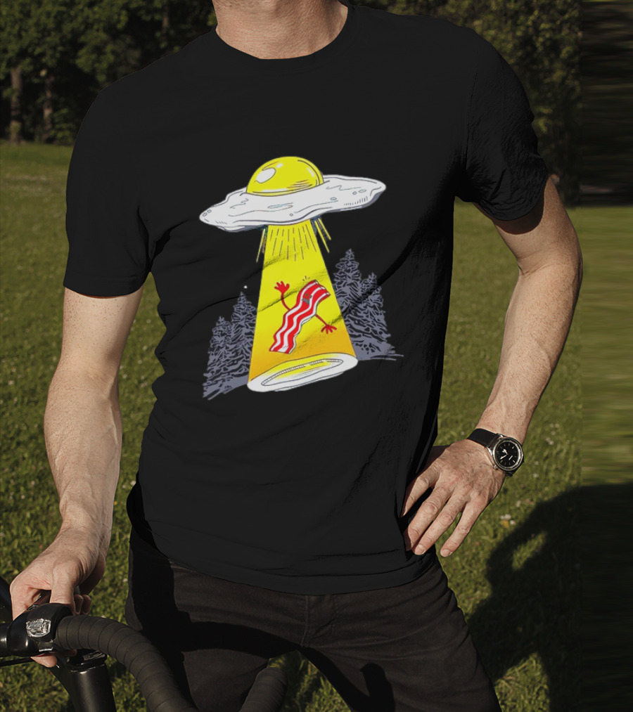 Wonder Nation Alien Breakfast Egg UFO Beaming Up A Walking Bacon Slice In Forest T-Shirt