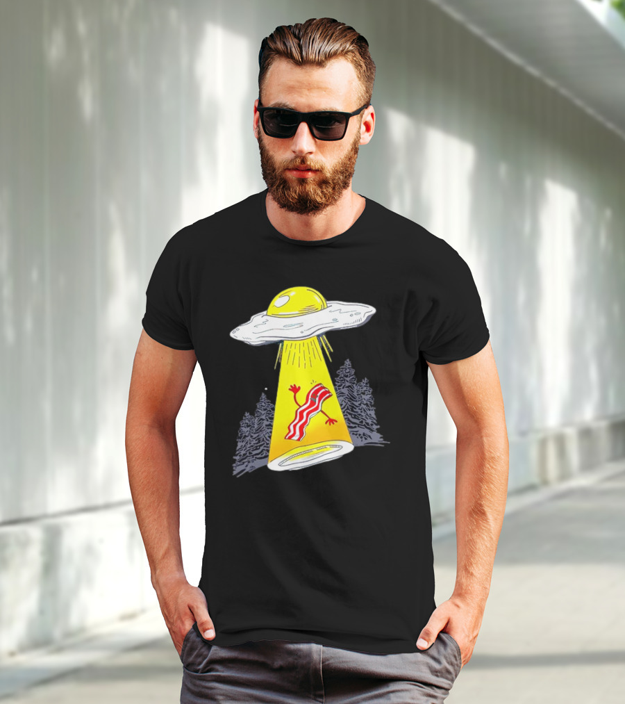 Wonder Nation Alien Breakfast Egg UFO Beaming Up A Walking Bacon Slice In Forest T-Shirt