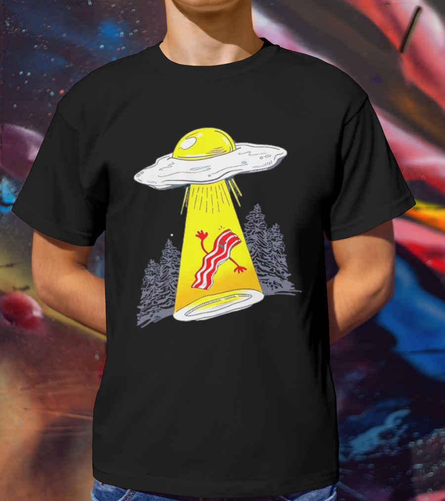 Wonder Nation Alien Breakfast Egg UFO Beaming Up A Walking Bacon Slice In Forest T-Shirt