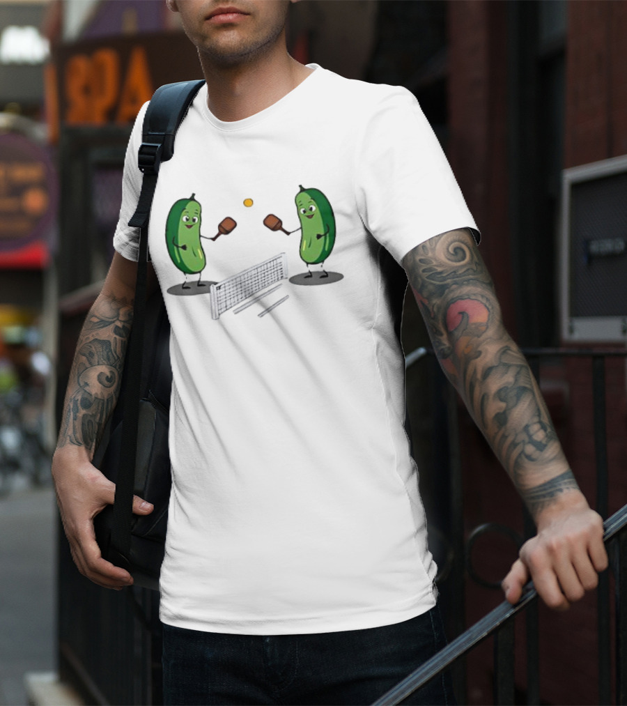 Pickles Playing Pickleball With Smiling Characters And Paddles T-Shirt