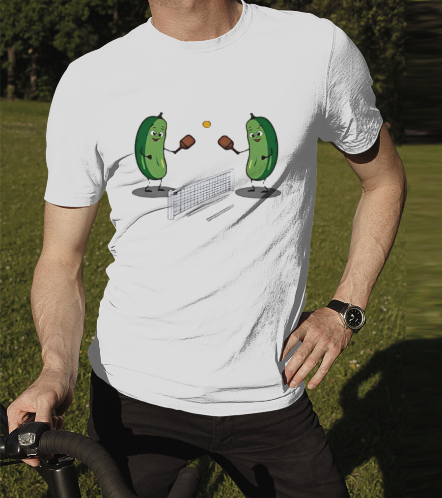 Pickles Playing Pickleball With Smiling Characters And Paddles T-Shirt
