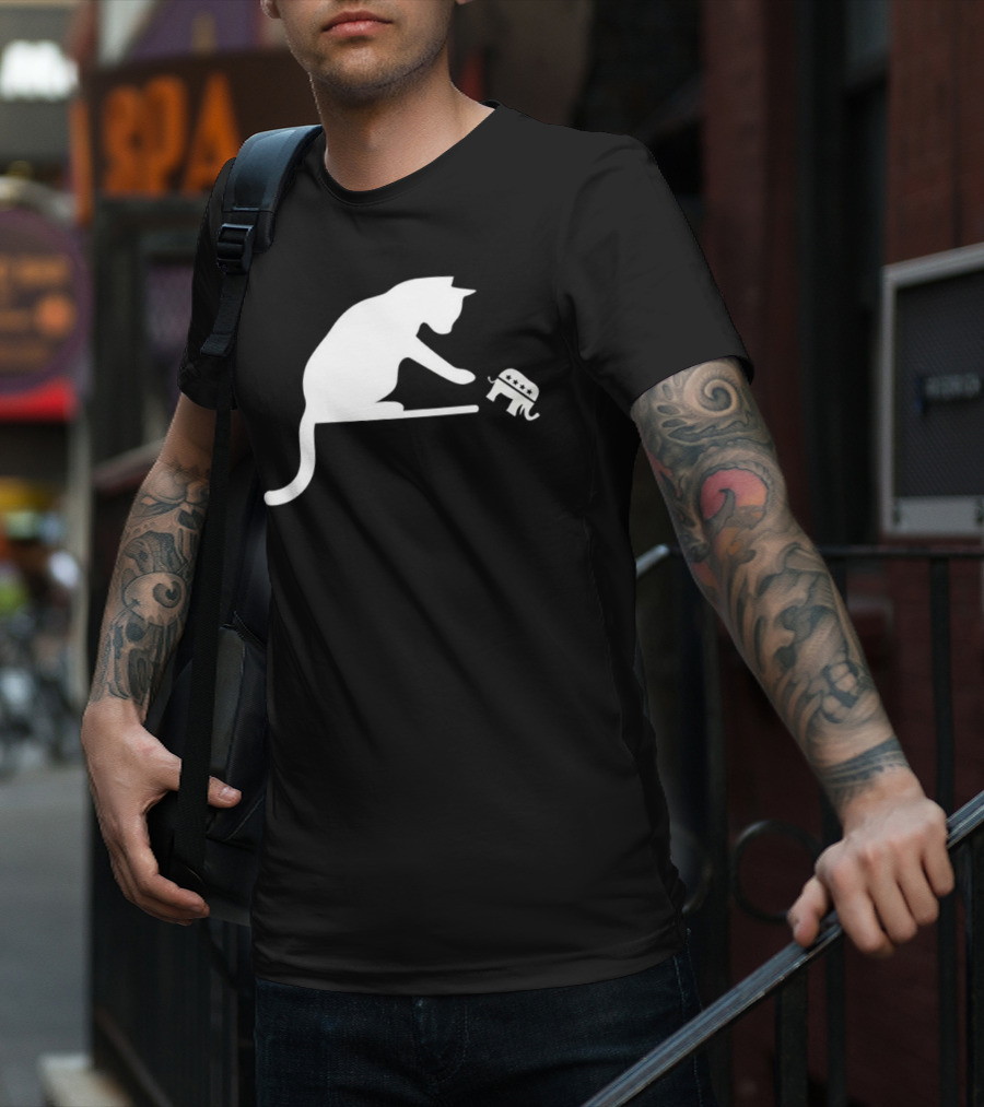 Childless Cat Lady Drop The Hate With Cat Playing With Republican Elephant T-Shirt