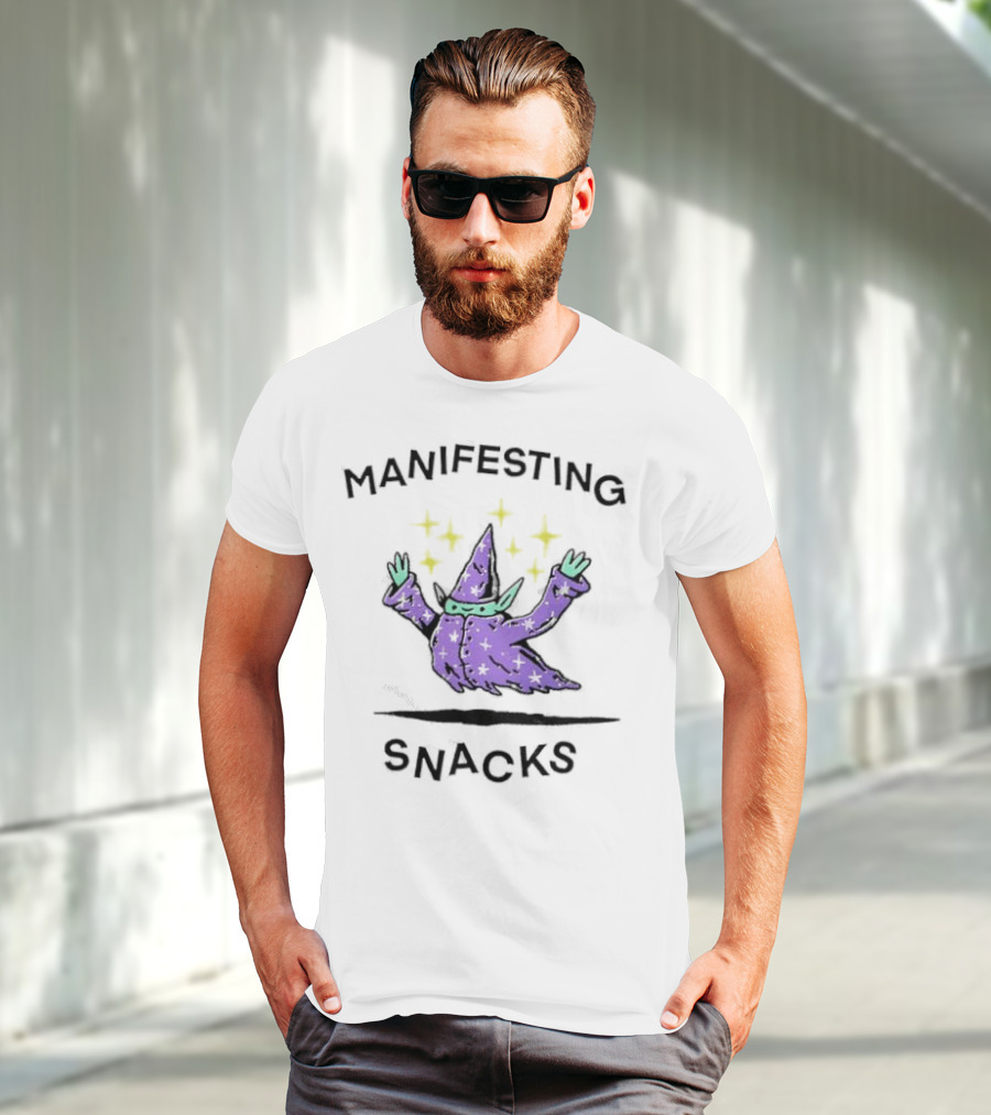 Manifesting Snacks Flying Wizard With Stars T-Shirt