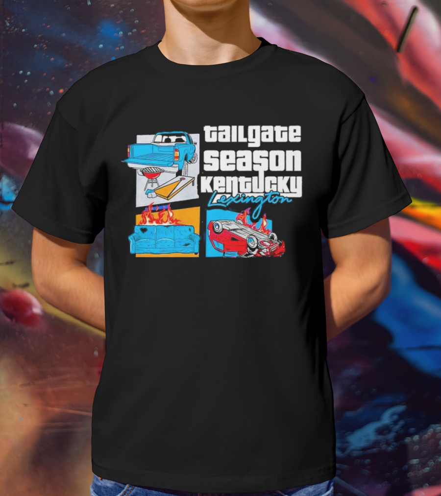 Tailgate Season Kentucky Lexington Truck BBQ Couch Fire Car Flip T-Shirt