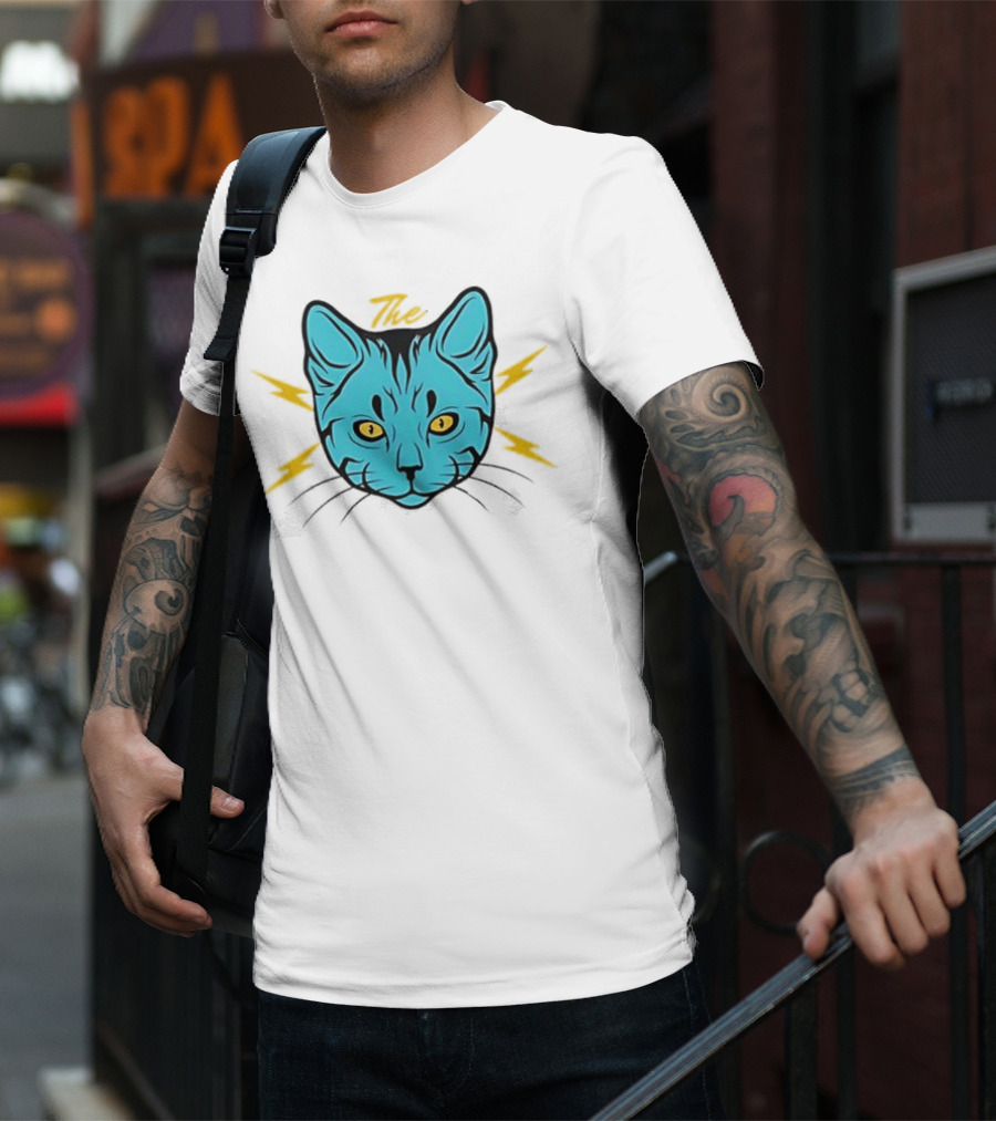 The Cat Thunder Studio Blue Cat Head With Yellow Lightning Bolts T-Shirt
