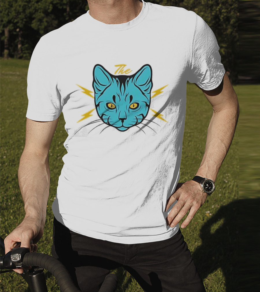 The Cat Thunder Studio Blue Cat Head With Yellow Lightning Bolts T-Shirt