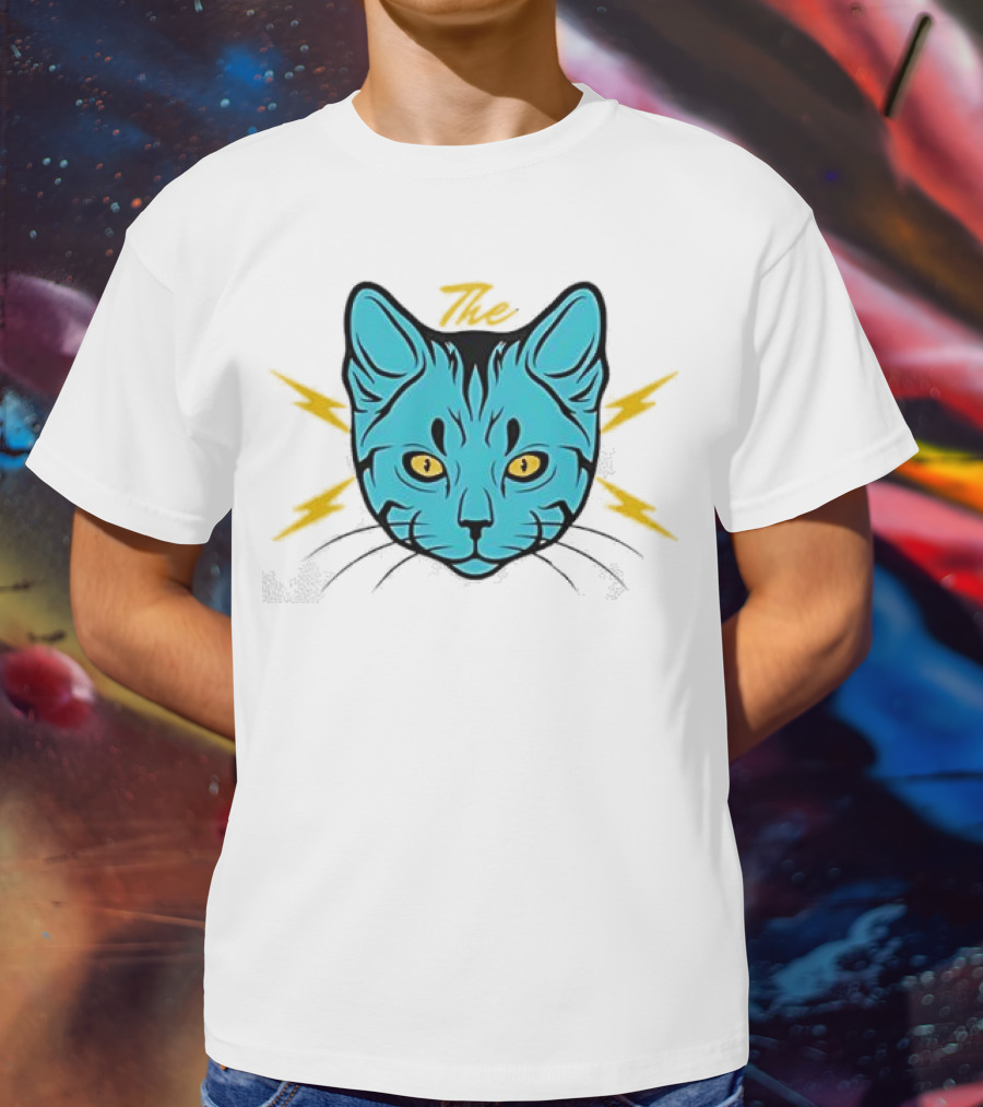 The Cat Thunder Studio Blue Cat Head With Yellow Lightning Bolts T-Shirt