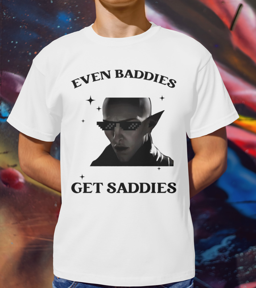 Even Baddies Get Saddies Pixelated Sunglasses Bald Elf Character T-Shirt