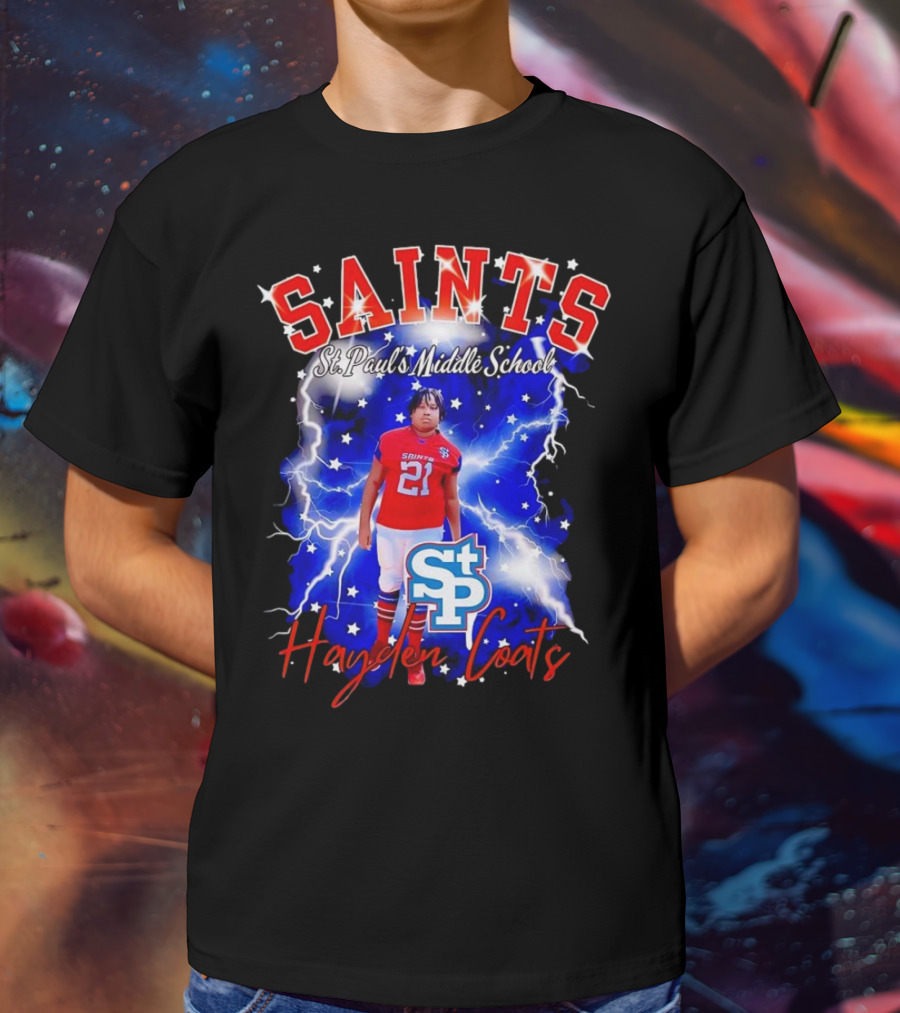 Saints St Paul’s Middle School Football Hayden Coats 21 Lightning Background T-Shirt
