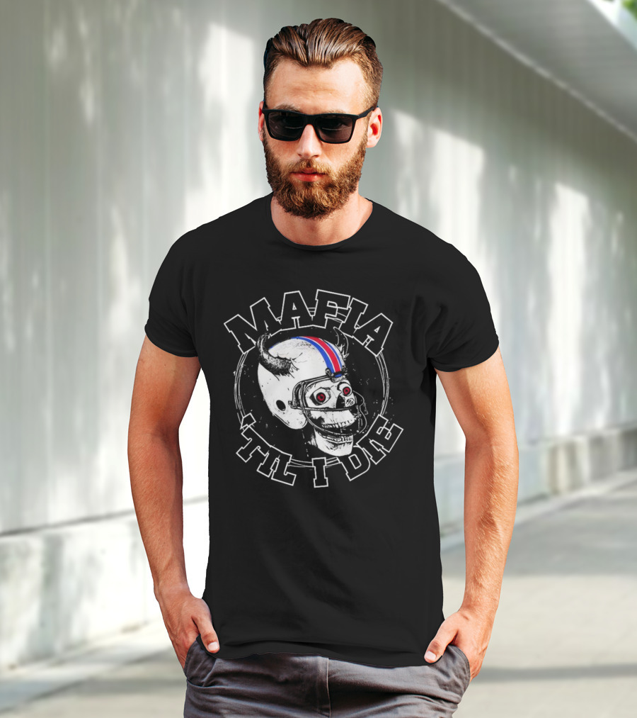 Mafia ‘Til I Die Skull Wearing Football Helmet With Horns And Red Blue Stripe T-Shirt