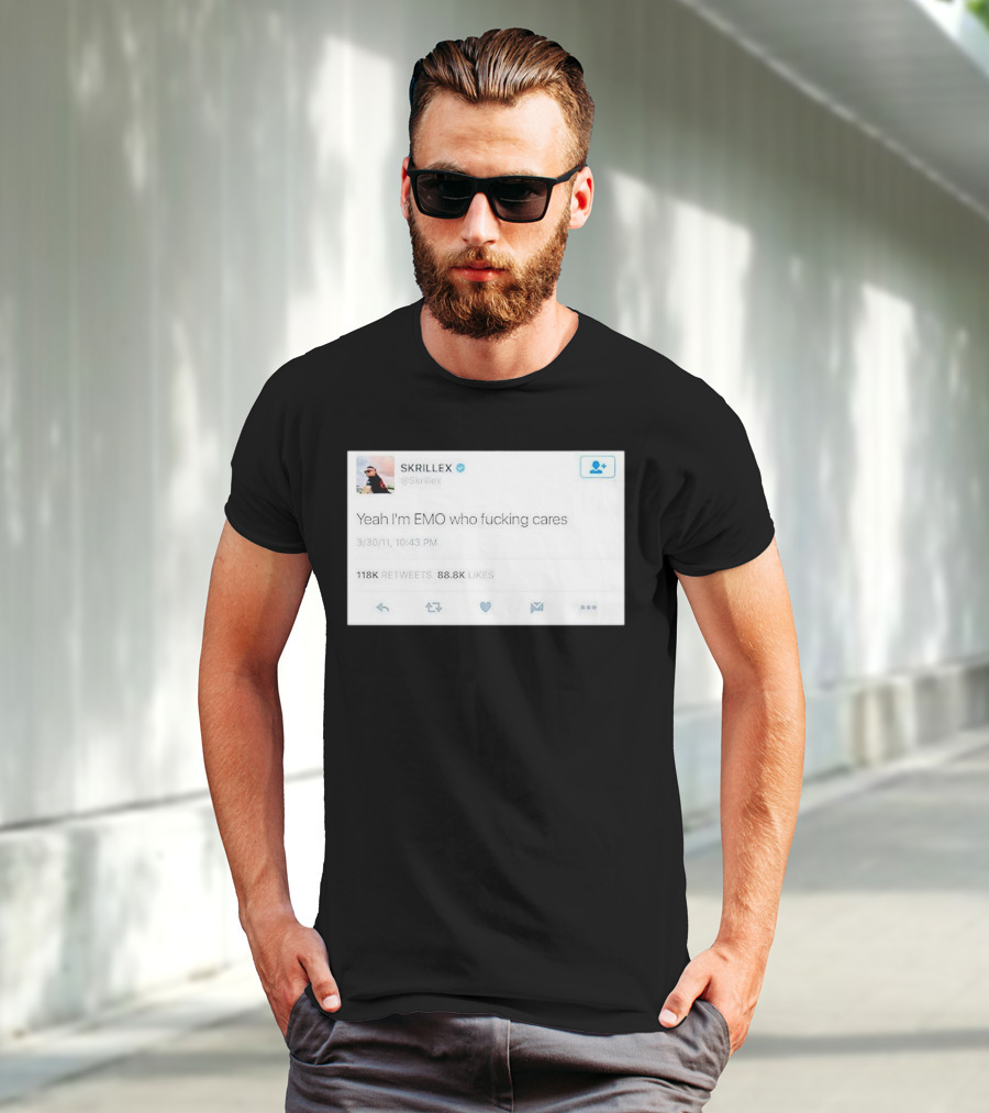 Skrillex Yeah I'm Emo Who Fcking Cares Tweet 118k Retweets 88.8k Likes T-Shirt