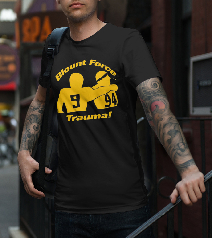 Blount Force Trauma Silhouetted Players 9 And 94 Impact Moment T-Shirt