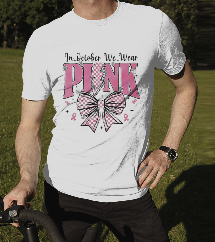 In October We Wear Pink Checkered Bow Lightning T-Shirt