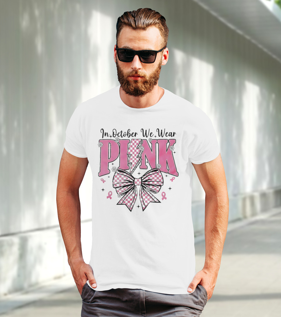 In October We Wear Pink Checkered Bow Lightning T-Shirt