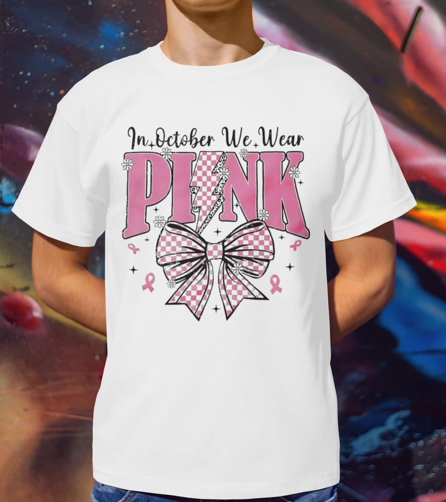 In October We Wear Pink Checkered Bow Lightning T-Shirt
